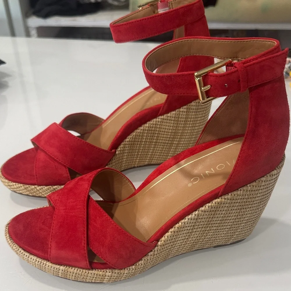 Vionic Red Suede Ankle-Strap Wedge Sandals - Picture 2 of 8